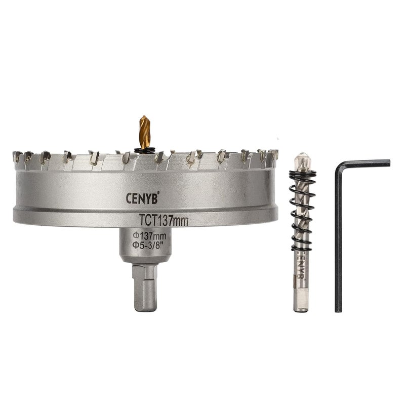 cenyb 5-3/8" (137mm) Tungsten Carbide Tipped Hole Saw with 2Pcs Titanium-Plated Pilot Drill Bits for Hard Metal,Stainless Steel,Iron,Aluminum Alloy,Wood and Plastic - Image 1
